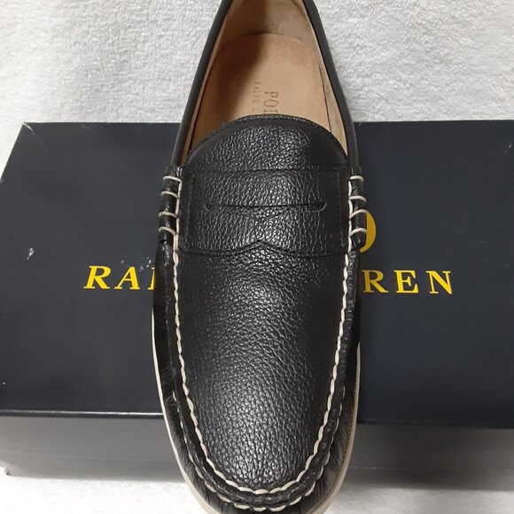 POLO RALPH LAUREN MEN BJORN SOFT TUMBLE WHITE STITCH LEATHER SLIP ON SHOES BLACK - Picture 6 of 13